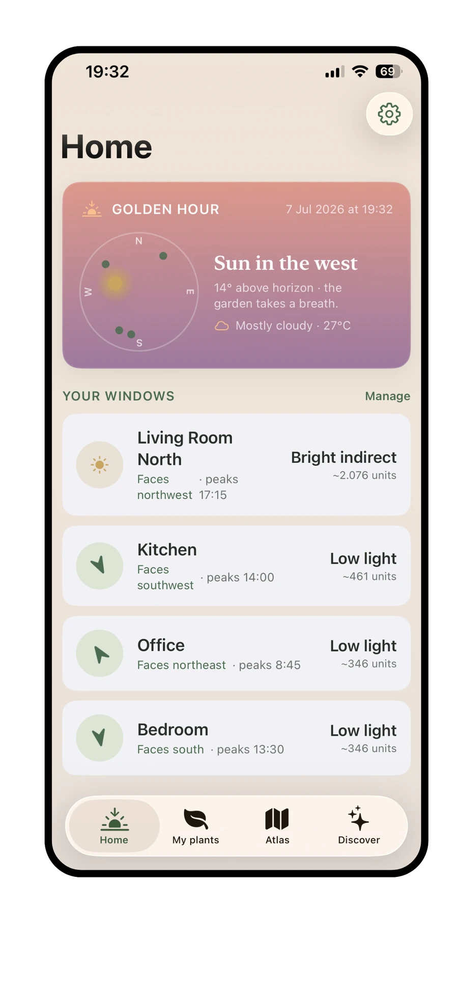 Planterra Home tab showing sun position, mapped windows with compass direction, and current lux per room