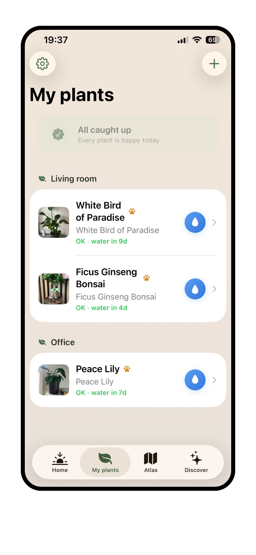 Planterra plant list showing an outdoor plant with a weather-adjusted watering reminder